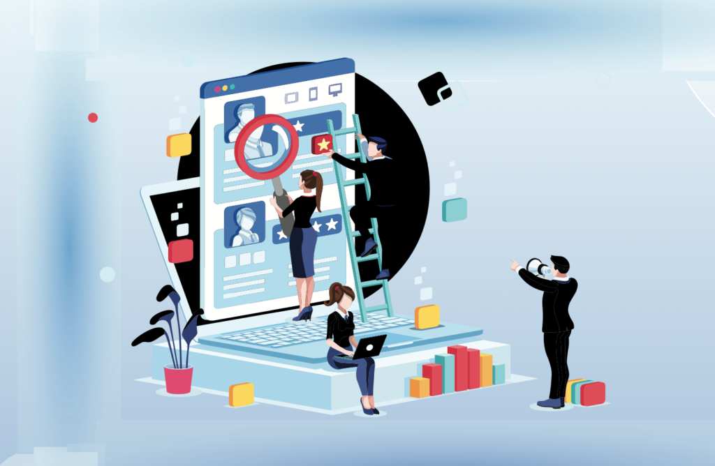 Illustration of people reviewing an online profile