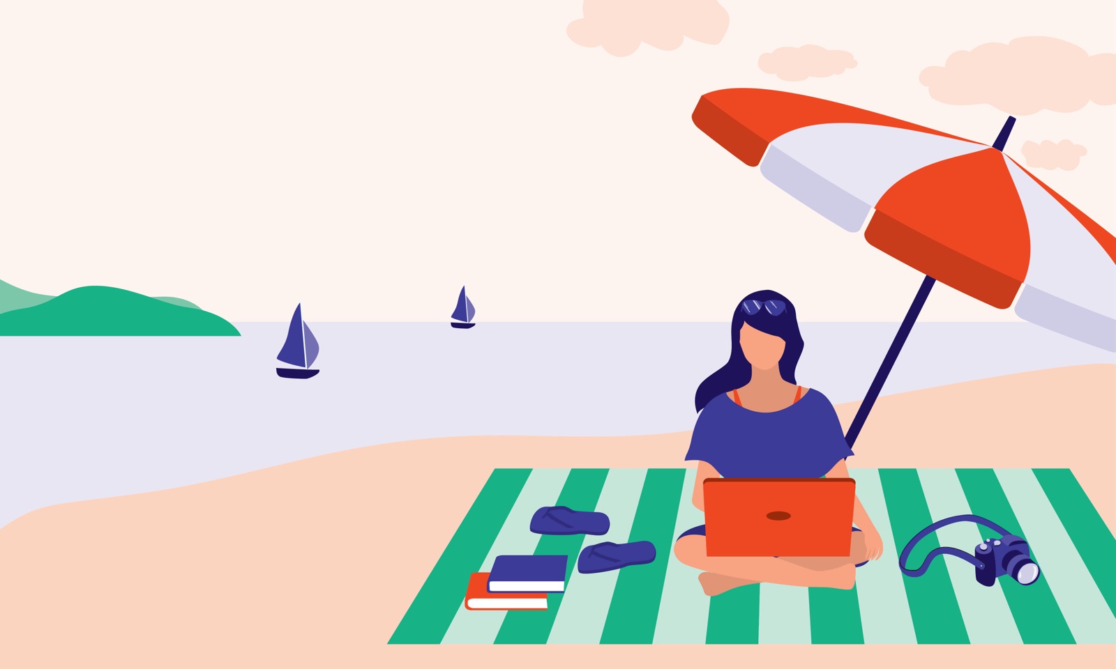 Young Female Blogger Doing Freelance Work While Traveling.