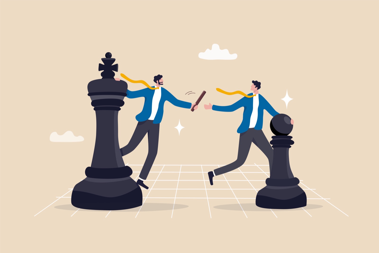 Succession planning, baton pass or relay responsibility, authority to employee, work delegation, support, appointment or mentorship concept, businessman boss on king chess baton pass to his successor.