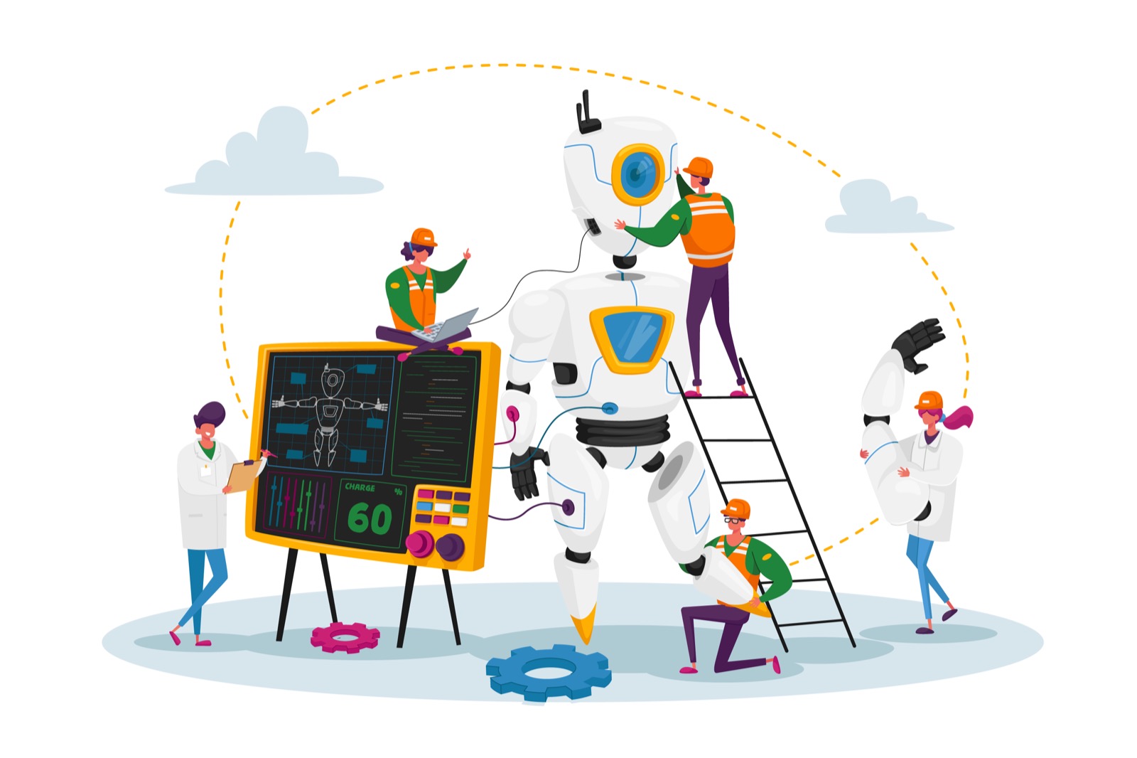 Engineers Characters Make and Programming Robot. Robotics Hardware and Software Engineering in Laboratory with Hi-Tech Equipment. Artificial Intelligence Technology. Cartoon People Vector Illustration