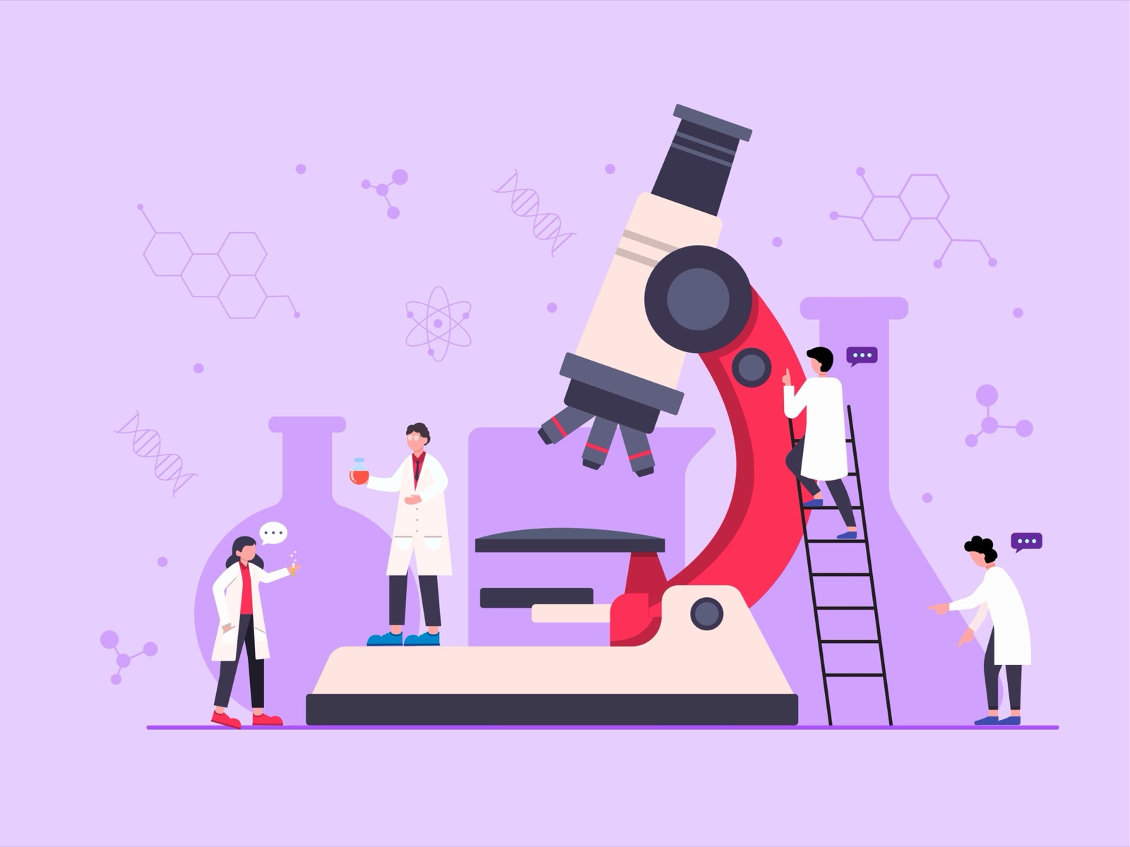 Flat illustration. Scientist concept, research, analysis, microbiology, biotechnology, chemist, equipment such as liquids, glassware, beakers.