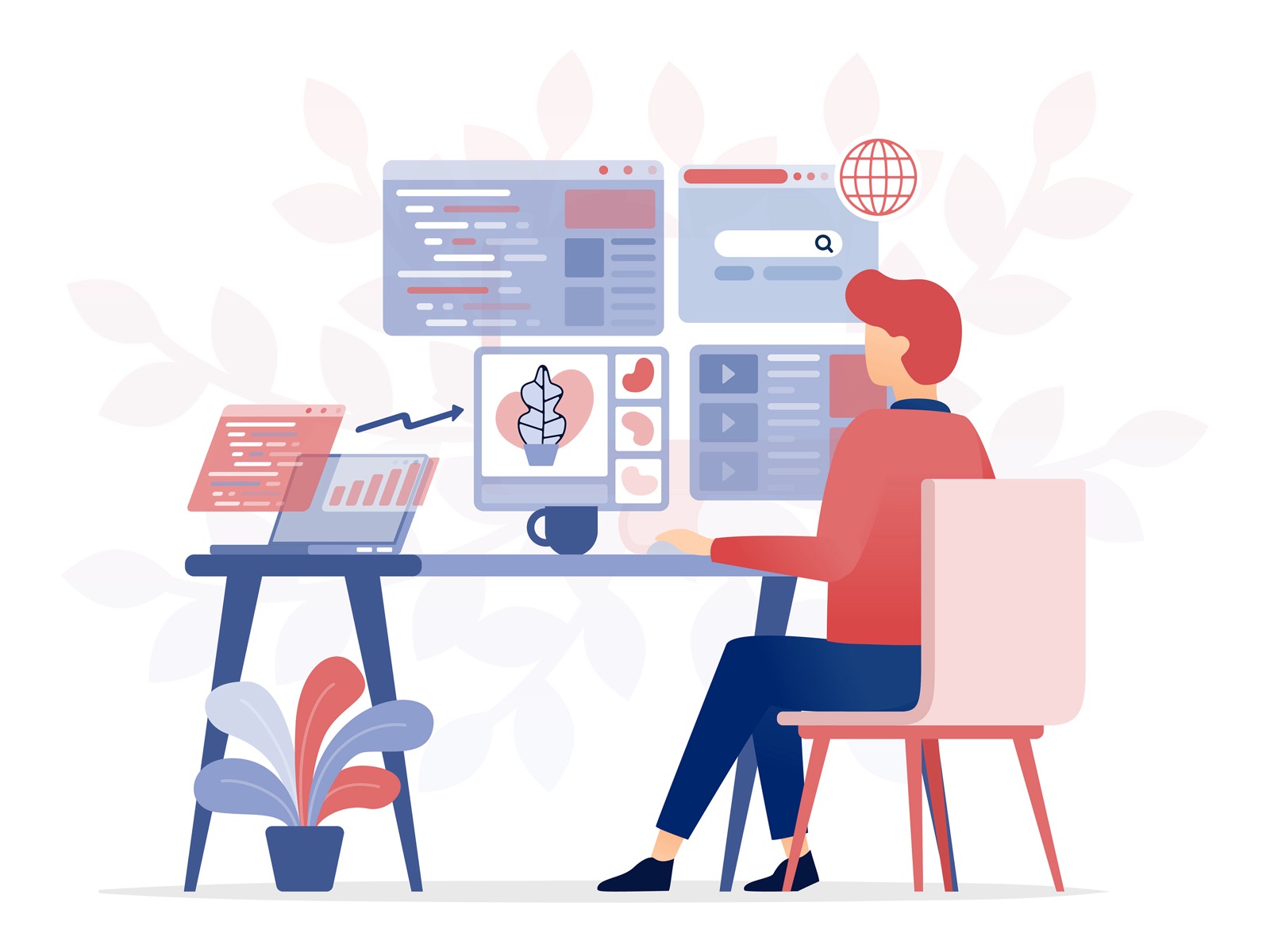 vector illustration of Freelance programmer sitting at a desk, analyzing and debugging software bugs while coding in a digital workspace, showcasing remote work, tech innovation, and IT development