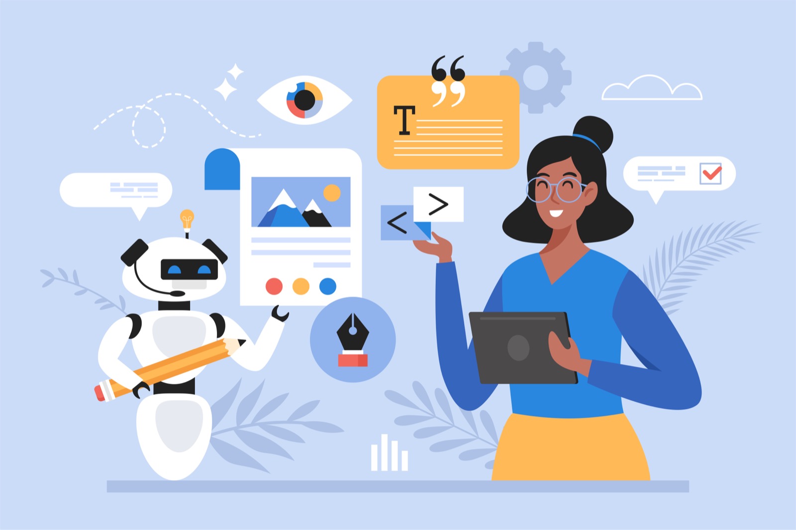 Artificial intelligence business concept. Modern vector illustration of people using prompt engineering work AI technology