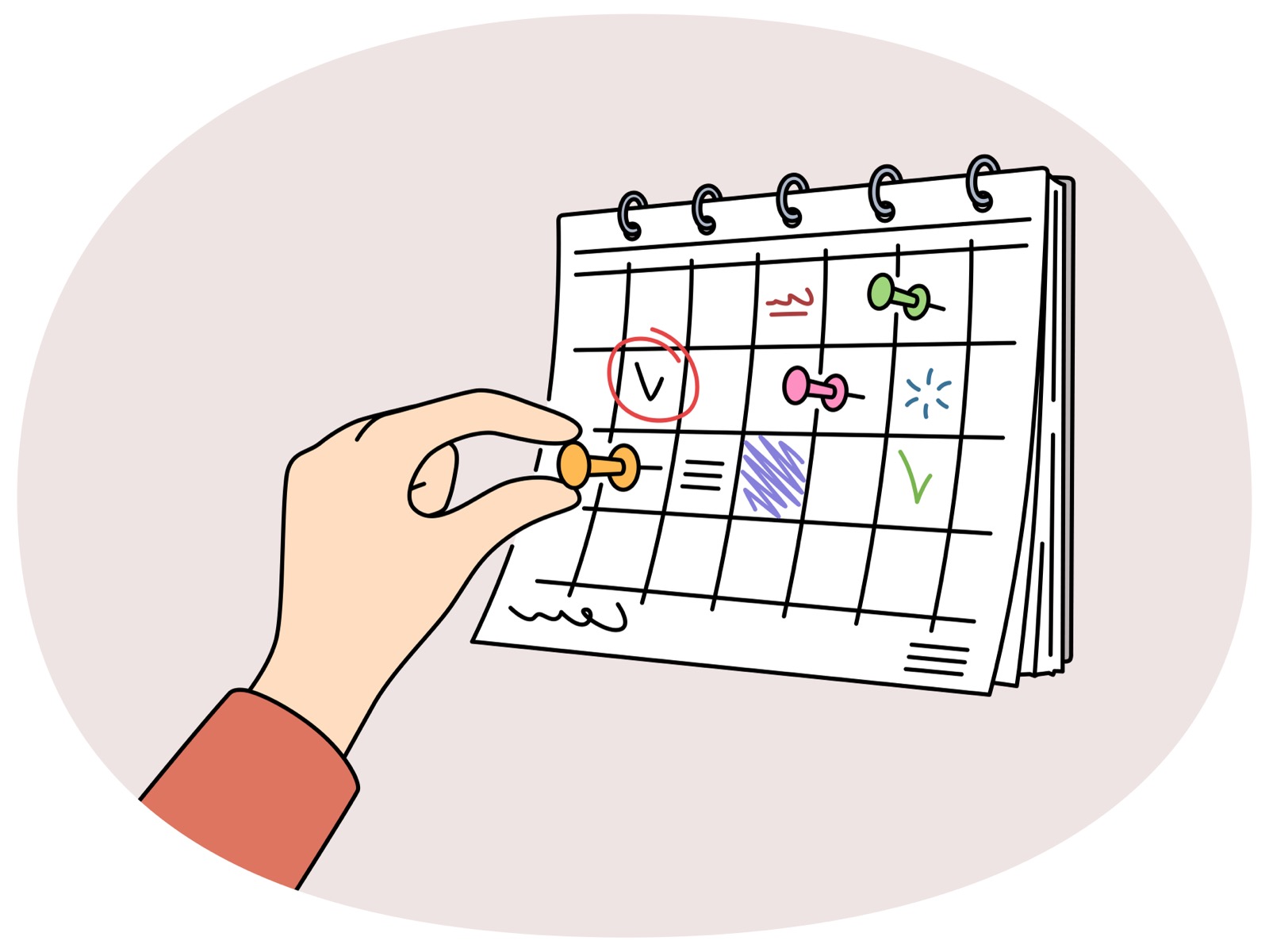 Person hand attach pin on calendar hanging on wall. Businessperson make plans on month schedule. Time management concept. Vector illustration.