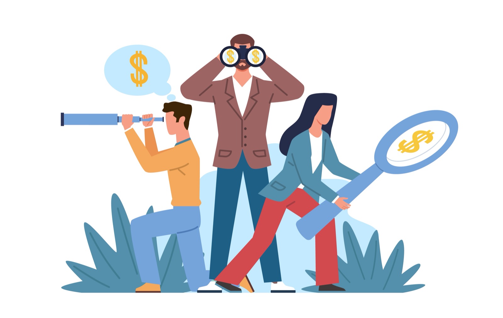 Team of businessmen looking for money. Man and woman hold telescope magnifier and binoculars. Company employee teamwork. Finding investment cartoon flat isolated finance vector leadership concept
