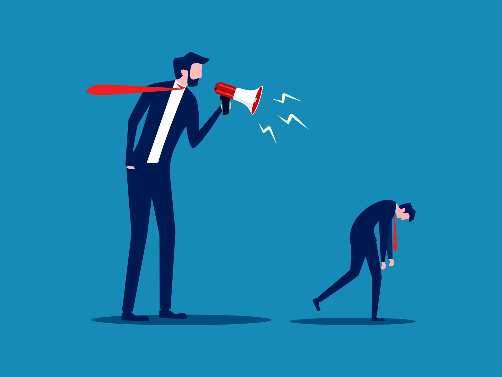 Negative critical thinking. Businessman holds a megaphone and scolds the employee. vector