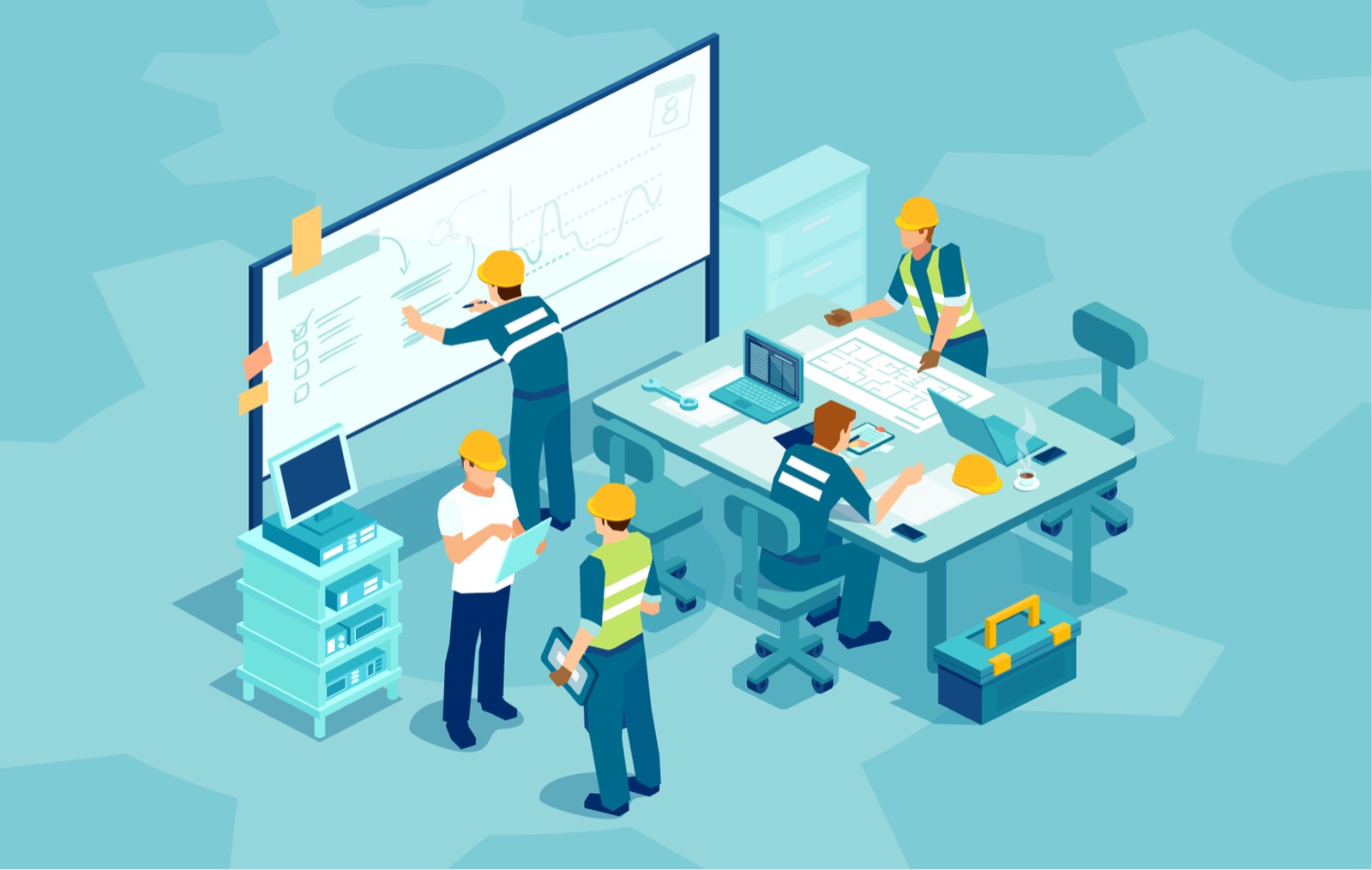 Vector of technicians and engineers meeting to discuss machine improvement and maintenance planing in conference room. Industrial workers concept