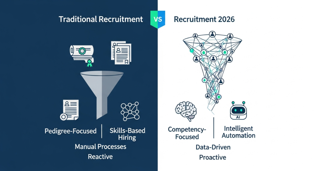 The evolution of recruitment: from a narrow, pedigree-based funnel to a wide, dynamic approach powered by skills and intelligent automation.